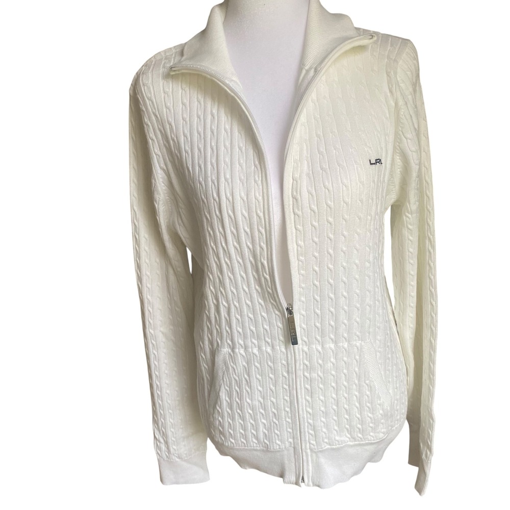 Lauren Ralph Lauren Women Active White Cable Knit Zip Cotton Cardigan Sweater XL